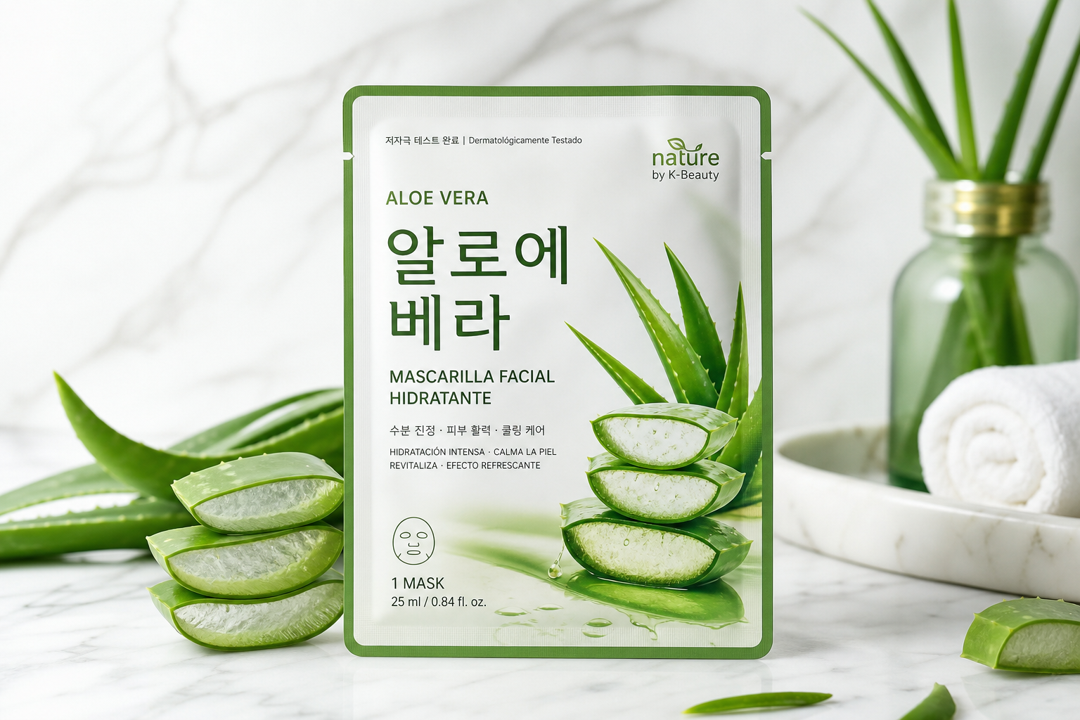 AloeVita K — Mascarilla facial de aloe vera empaque y producto