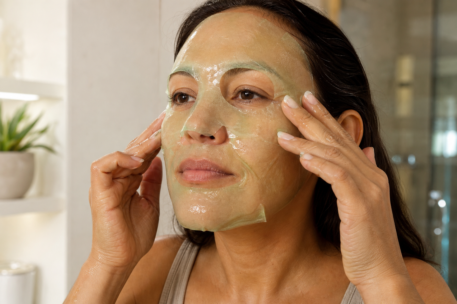 Aplicación de mascarilla de aloe vera en rutina de cuidado facial
