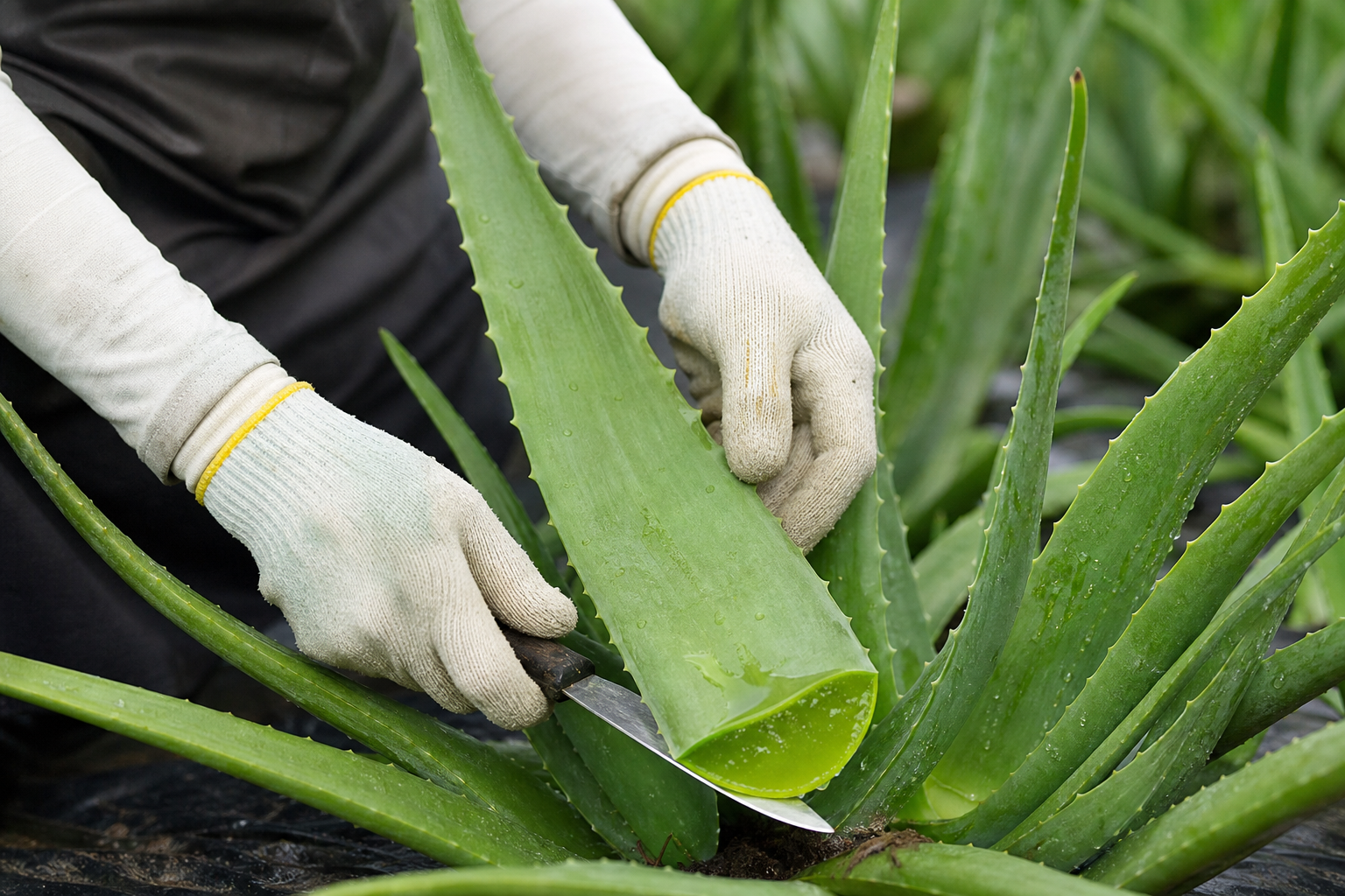 Cosecha manual de hojas de aloe vera